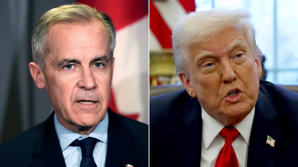 This composite image shows Prime Minister Mark Carney, left, in Kitchener, Ont. on March 26, 2025 and President Donald Trump, right, in Washington on March 26, 2025. Uncertainty reigns ahead of a looming U.S. tariff deadline next week, as businesses hold their breath during a trade war where the next steps remain foggy. THE CANADIAN PRESS/Frank Gunn/AP - Pool