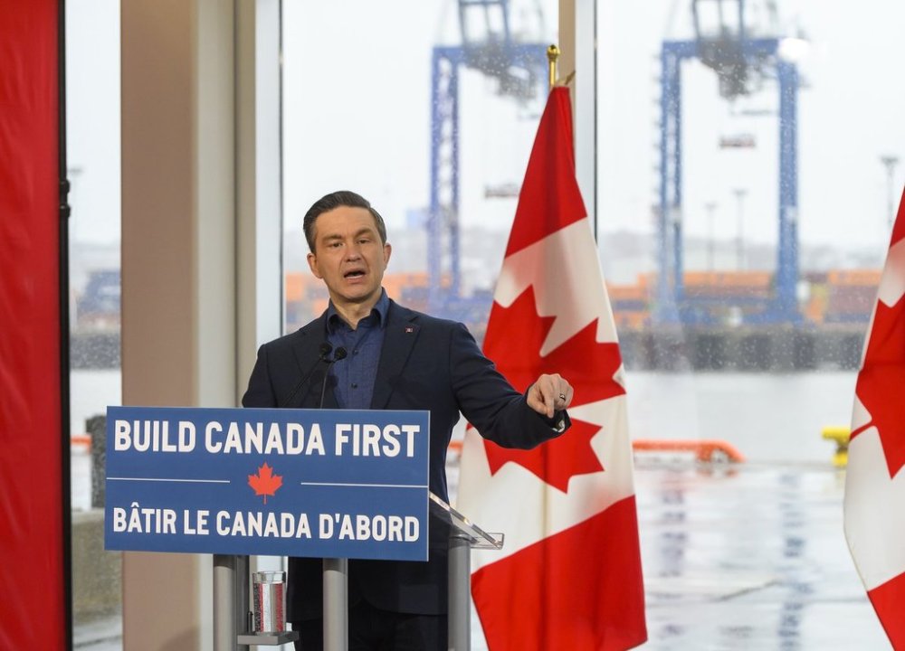 Conservative Leader Pierre Poilievre speaks at a news conference in Saint John, N.B., on Monday March 31, 2025. THE CANADIAN PRESS/Michael Hawkins