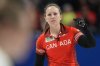 Canada skip Rachel Homan celebrates scoring a three in the ninth end against Switzerland's Silvana Tirinzoni during the World Women's Curling Championship gold medal game in Sydney, N.S. on Sunday, March 24, 2024. THE CANADIAN PRESS/Frank Gunn