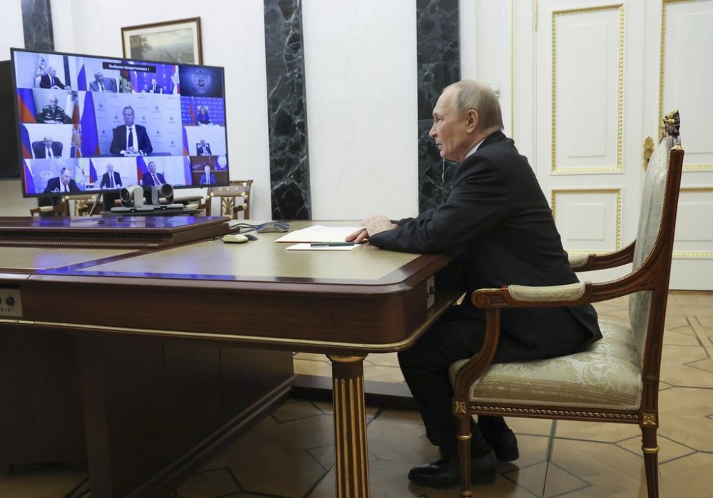 Russian President Vladimir Putin chairs the Security Council meeting via videoconference in Moscow, Russia, Friday, March 28, 2025. (Sergei Ilyin, Sputnik, Kremlin Pool Photo via AP)