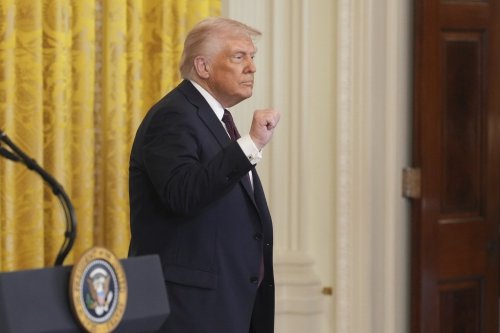 President Donald Trump gestures as he departs a reception celebrating Greek Independence Day in the East Room of the White House, Monday, March 24, 2025, in Washington. (AP Photo/Jacquelyn Martin)