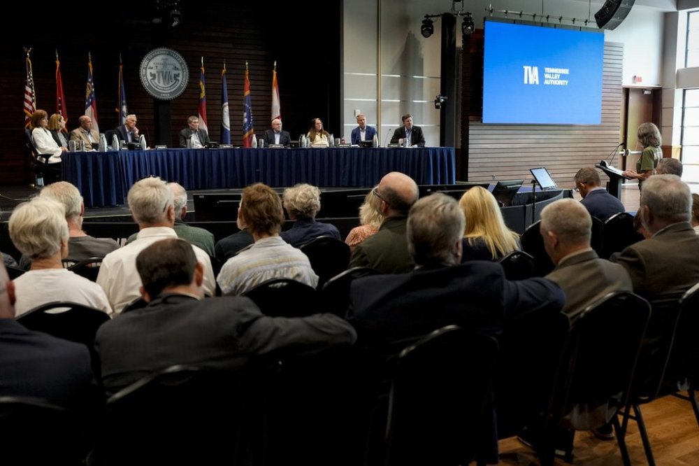 FILE - Members of the Tennessee Valley Authority Board of Directors listen to members of the public during a meeting, May 8, 2024, in Nashville, Tenn. (AP Photo/George Walker IV, File)