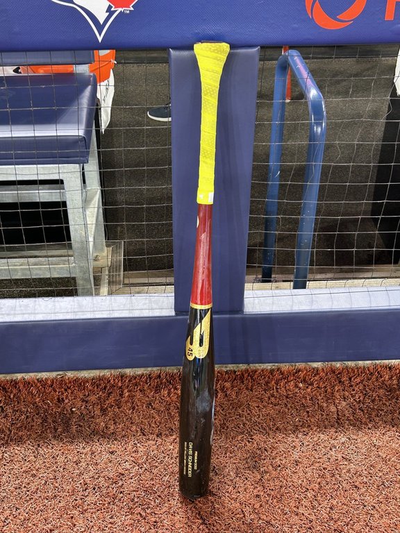 Toronto Blue Jays outfielder Davis Schneider's torpedo bat is shown in Toronto on Monday, March 31, 2025. The bats have more wood lower down the barrel after the label. The idea behind it is to bring more mass to a bat's sweet spot. THE CANADIAN PRESS/Neil Davidson