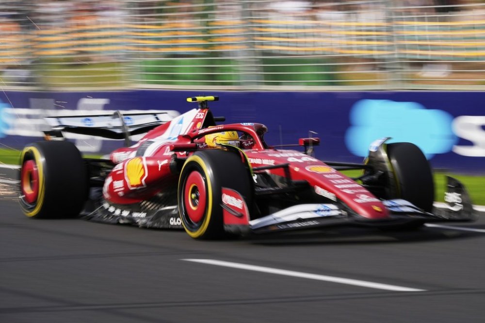Ferrari driver Lewis Hamilton of Britain steers his car during the second practice session for the Australian Formula One Grand Prix at Albert Park, in Melbourne, Australia, Friday, March 14, 2025. (AP Photo/Asanka Brendon Ratnayake)