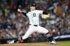 FILE - Detroit Tigers pitcher Jackson Jobe throws against the Cleveland Guardians in the eighth inning during Game 4 of a baseball American League Division Series, on Oct. 10, 2024, in Detroit. (AP Photo/Carlos Osorio)