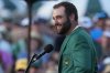 FILE - Scottie Scheffler speaks after winning the Masters golf tournament at Augusta National Golf Club Sunday, April 14, 2024, in Augusta, Ga. (AP Photo/George Walker IV, File)