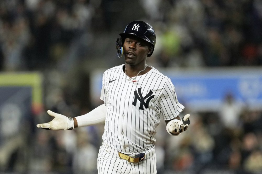 New York Yankees' Jazz Chisholm Jr. reacts after hitting a solo home run during the fourth inning of a baseball game against the Kansas City Royals Monday, April 14, 2025, in New York. (AP Photo/Seth Wenig)
