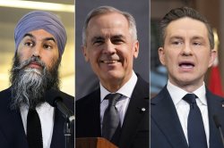 Left to right: NDP Leader Jagmeet Singh, Liberal Leader Mark Carney and Conservative Leader Pierre Poilievre. THE CANADIAN PRESS/Justin Tang, Adrian Wyld