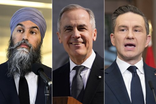 Left to right: NDP Leader Jagmeet Singh, Liberal Leader Mark Carney and Conservative Leader Pierre Poilievre. THE CANADIAN PRESS/Justin Tang, Adrian Wyld