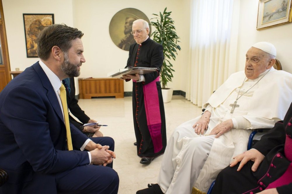 Pope Francis receives U.S. Vice President JD Vance, left, before bestowing the Urbi et Orbi (Latin for to the city and to the world) blessing at the end of the Easter mass presided over by Cardinal Angelo Comastri in St. Peter's Square at the Vatican Sunday, April 20, 2025. At center the head of the papal houshold Bishop Leonardo Sapienza. (Vatican Media via AP, HO)