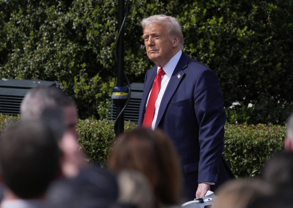 President Donald Trump departs after welcoming the 2025 College Football National Champions, the Ohio State University football team, during an event on the South Lawn of the White House, Monday, April 14, 2025, in Washington. (AP Photo/Manuel Balce Ceneta)