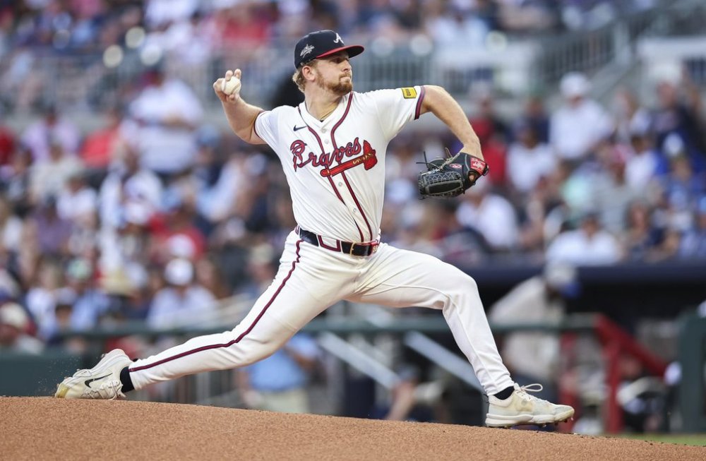 Atlanta Braves pitcher Spencer Schwellenbach delivers in the first inning of a baseball game against the St. Louis Cardinals, Monday, April 21, 2025, in Atlanta. (AP Photo/Colin Hubbard)