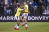 Brazil forward Luany, left, and forward Gio Queiroz (21) celebrate after beating the United States in an international friendly soccer match Tuesday, April 8, 2025, in San Jose, Calif. (AP Photo/Nic Coury)