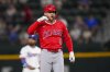Los Angeles Angels' Taylor Ward gestures after collecting a leadoff double against the Texas Rangers during the first inning of a baseball game Thursday, April 17, 2025, in Arlington, Texas. (AP Photo/Julio Cortez)