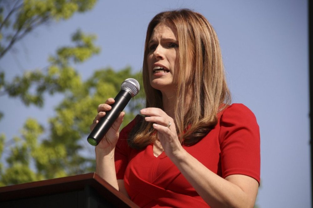 Democratic Associate Justice Allison Riggs speaks to protesters at a rally in Raleigh, N.C., on Monday, April 14, 2025. (AP Photo/Makiya Seminera)