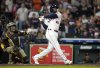 Houston Astros' Yordan Alvarez (44) hits a sacrifice fly to San Diego Padres right fielder Fernando Tatis Jr., not pictured, scoring Cam Smith during the fifth inning of a baseball game Sunday, April 20, 2025, in Houston. (AP Photo/Karen Warren)