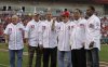 FILE - Former Cincinnati Reds great Pete Rose (14) meets with former teammates, left to right, Tommy Helms, Tom Browning, Cesar Geronimo, Tony Perez, and Eric Davis, during ceremonies celebrating the 25th anniversary of Rose breaking Ty Cobb's hit record prior to a baseball game between the Reds and Pittsburgh Pirates, Saturday, Sept. 11, 2010, in Cincinnati. (AP Photo/Al Behrman, File)