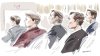Michael McLeod, Carter Hart, Alexandar Formenton, Dillon Dubé, Callan Foote are shown in court in this courtroom sketch made in London, Ont., on Wednesday, April 23, 2025. THE CANADIAN PRESS/Alexandra Newbould