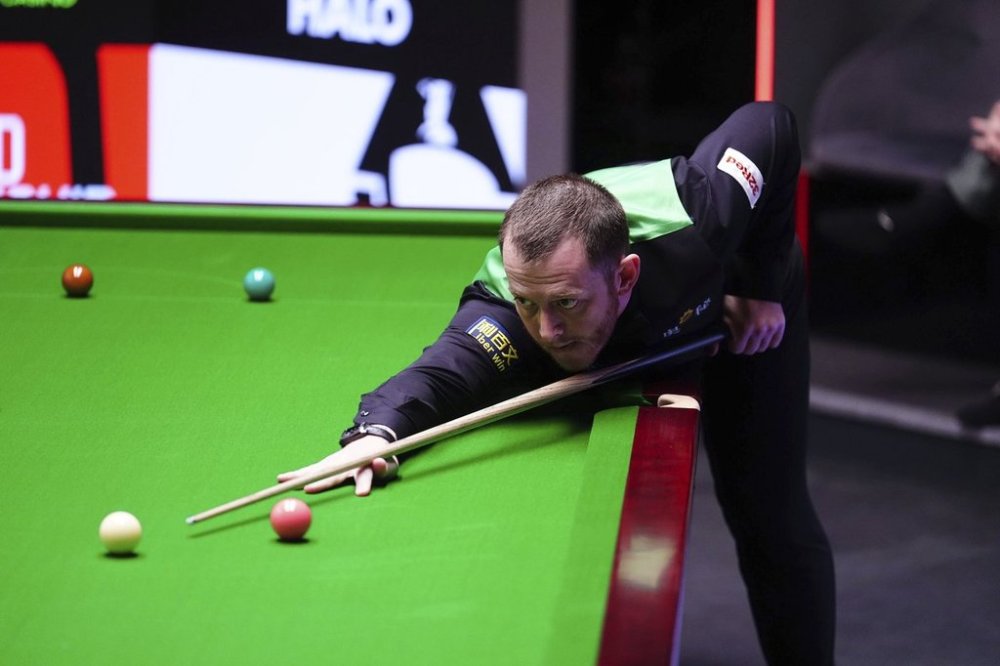 Mark Allen during his match with Chris Wakelin on day seven of the Halo World Snooker Championship at the Crucible Theatre, Sheffield, England, Friday, April 25, 2025. (Mike Egerton/PA via AP)