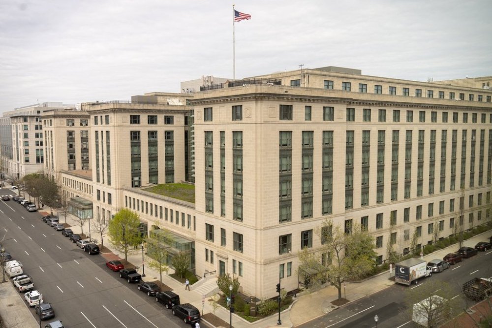 The headquarters of the General Services Administration (GSA) is photographed Wednesday, April 2, 2025, in Washington. (AP Photo/Mark Schiefelbein)