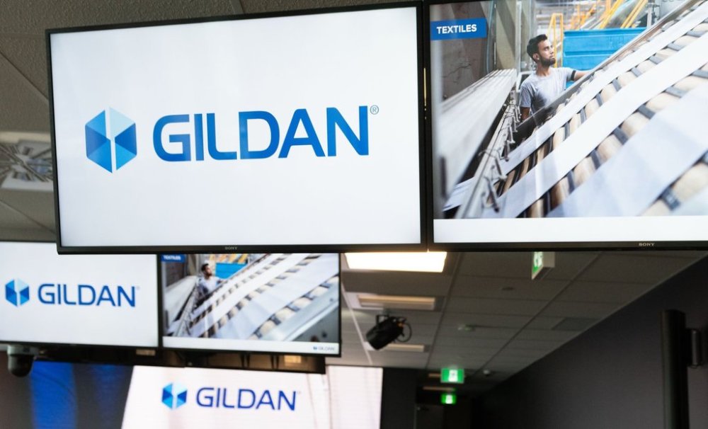 Signage is seen at Gildan Activewear Inc.'s annual meeting in Montreal, Tuesday, May 28, 2024. THE CANADIAN PRESS/Christinne Muschi
