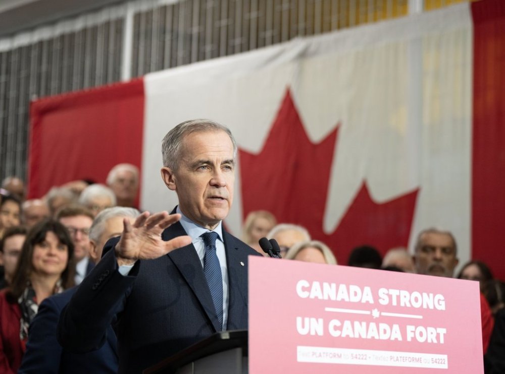 Liberal Leader Mark Carney announces the release of his party's election platform during a federal election campaign stop in Whitby, Ont., on Saturday, April 19, 2025. THE CANADIAN PRESS/Christinne Muschi