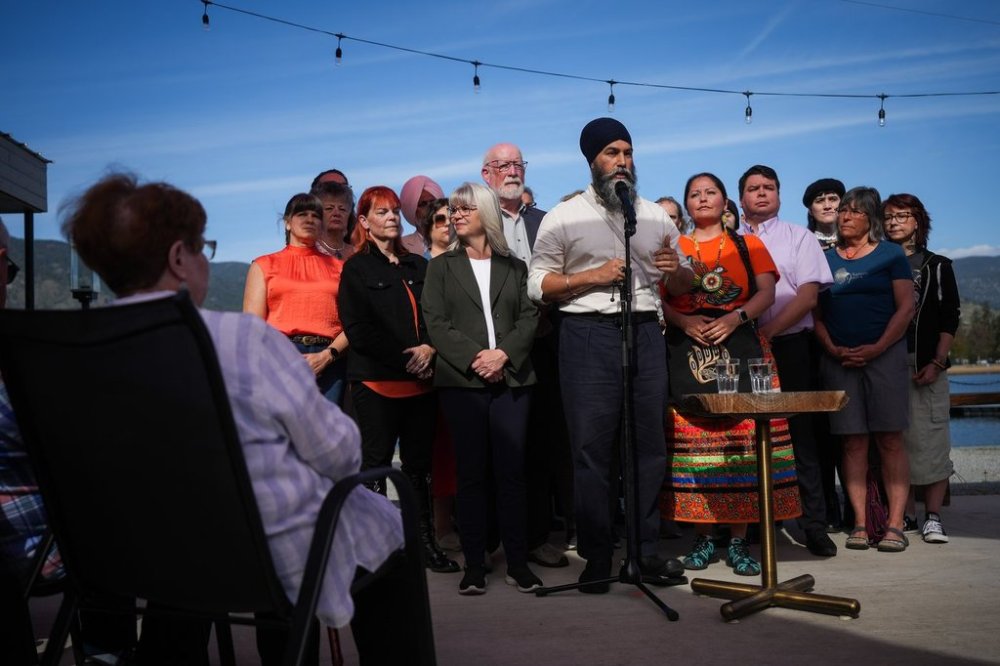 NDP Leader Jagmeet Singh speaks during a campaign stop in Penticton, B.C., on Sunday, April 27, 2025. THE CANADIAN PRESS/Darryl Dyck