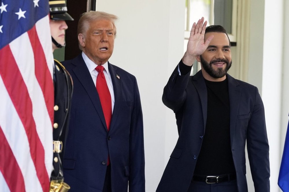 President Donald Trump greets El Salvador's President Nayib Bukele as he arrives at the West Wing of the White House, Monday, April 14, 2025, in Washington. (AP Photo/Alex Brandon)