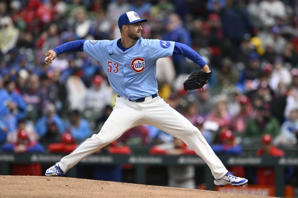 Chicago Cubs starter Colin Rea delivers a pitch during the first inning of a baseball game against the Philadelphia Phillies, Friday, April 25, 2025, in Chicago. (AP Photo/Paul Beaty)