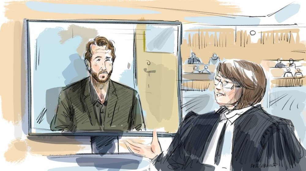 Crown Meaghan Cunningham, right, and Taylor Raddysh, depicted in video conference, are seen in a courtroom sketch in London, Ont., Wednesday, April 30, 2025. Raddysh, who currently plays in the National Hockey League, was a member of the 2018 Canadian national junior hockey team. THE CANADIAN PRESS/Alexandra Newbould