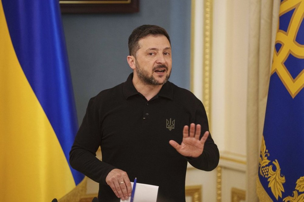 Ukrainian President Volodymyr Zelenskyy speaks during a press conference in Kyiv, Ukraine, on Tuesday, April 22, 2025. (AP Photo/Evgeniy Maloletka)