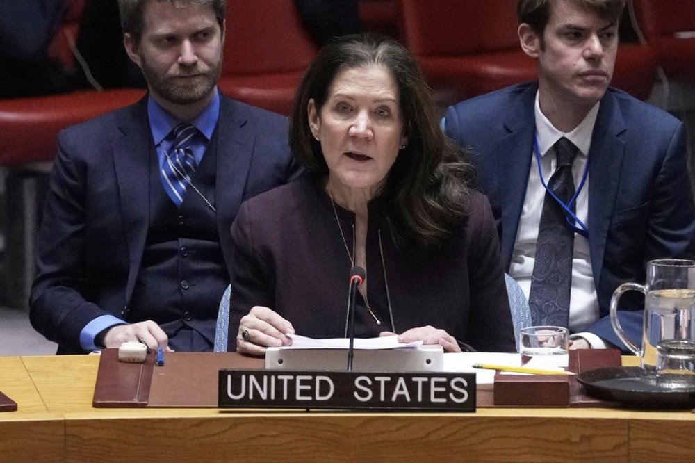 FILE - United States UN Ambassador Dorothy Shea addresses the United Nations Security Council, March 24, 2025. (AP Photo/Richard Drew, File)