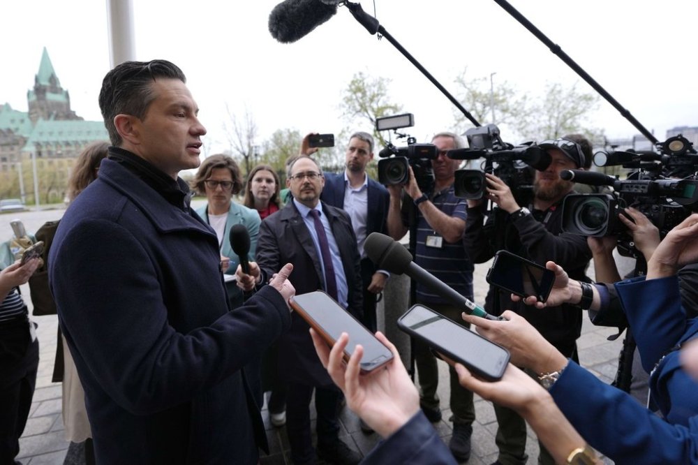 Conservative Leader Pierre Poilievre speaks to journalists as he arrives on Parliament Hill for a meeting of the Conservative caucus following the federal election, in Ottawa, on Tuesday, May 6, 2025. THE CANADIAN PRESS/Justin Tang