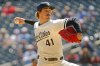 Minnesota Twins starting pitcher Joe Ryan throws to the Los Angeles Angels in the first inning of a baseball game Sunday, April 27, 2025, in Minneapolis. (AP Photo/Bruce Kluckhohn)
