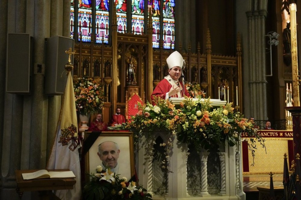 Cardinal Frank Leo, Metropolitan Archbishop of Toronto holds a mass for the Repose of the Soul of Pope Francis, at St. Michael’s Cathedral Basilica on Tuesday, April 22, 2025. THE CANADIAN PRESS/Chris Young