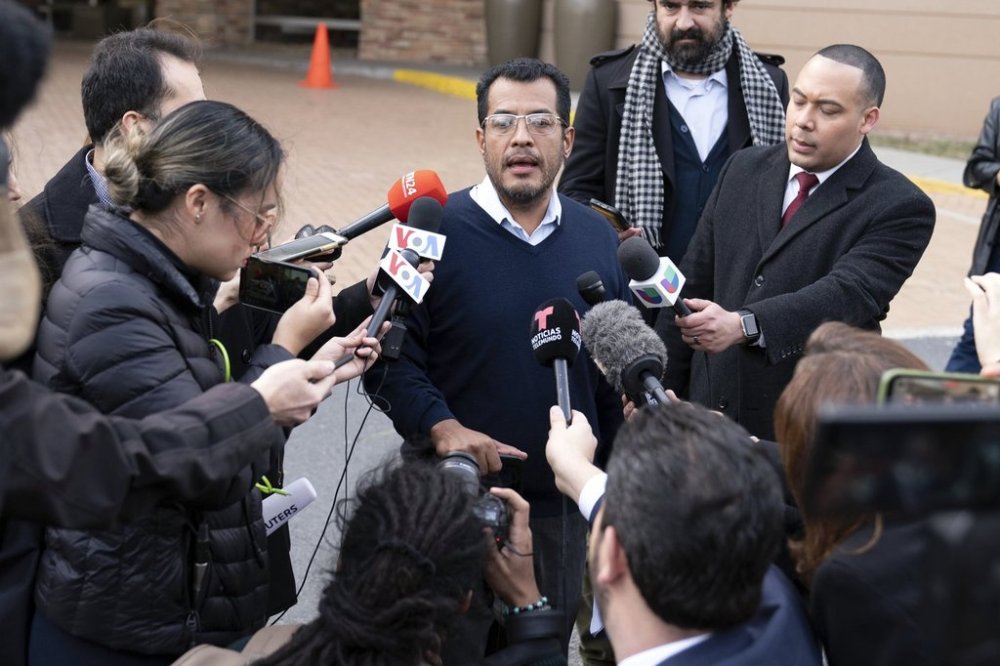 FILE - Opposition leader and former Nicaragua presidential candidate Felix Maradiaga, talks to reporters after arriving from Nicaragua at Washington Dulles International Airport, in Chantilly, Va., on Thursday, Feb. 9, 2023, after some inmates considered by many to be political prisoners of the government of Nicaraguan President Daniel Ortega arrived in Washington. (AP Photo/Jose Luis Magana, File)