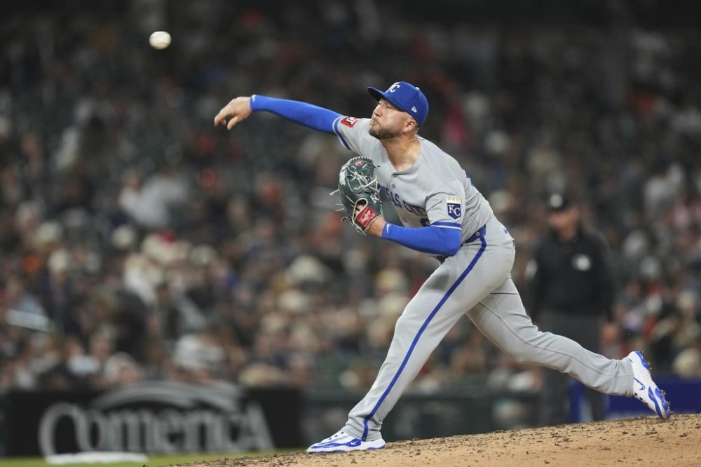 Kansas City Royals pitcher Lucas Erceg throws against the Detroit Tigers in the seventh inning during a baseball game, Friday, April 18, 2025, in Detroit. (AP Photo/Paul Sancya)