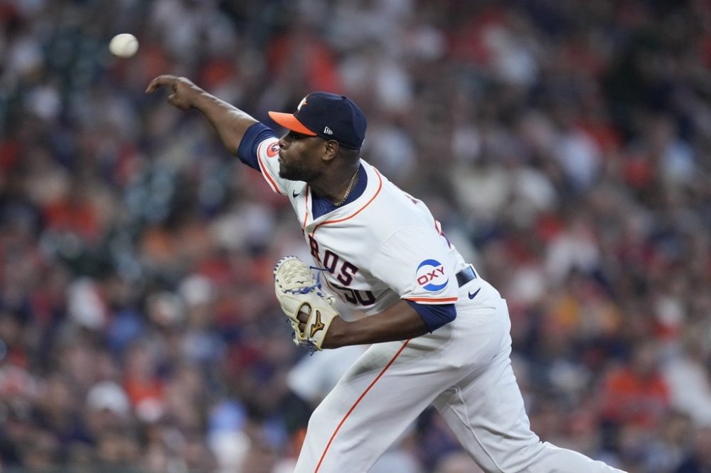 FILE - Houston Astros pitcher Héctor Neris throws during the fifth inning of Game 1 of an AL Wild Card Series baseball game against the Detroit Tigers, Tuesday, Oct. 1, 2024, in Houston. (AP Photo/Kevin M. Cox, File)