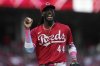 Cincinnati Reds shortstop Elly De La Cruz jogs off the field in the third inning of a baseball game against the Pittsburgh Pirates, Saturday, April 12, 2025, in Cincinnati. (AP Photo/Carolyn Kaster)