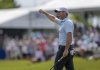 Masters champion Rory McIlroy celebrates after knocking in an eagle putt on the 18th hole during the Zurich Classic at TPC Louisiana in Avondale, Saturday, April 26, 2025. (Scott Threlkeld/The New Orleans Advocate via AP)