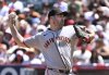 San Francisco Giants pitcher Justin Verlander (35) throws a pitch against the an Los Angeles Angels batter during the first inning of a baseball game Sunday, April 20, 2025, in Anaheim, Calif. (AP Photo/Wally Skalij)