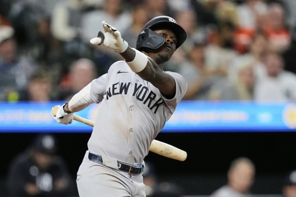 New York Yankees' Jazz Chisholm Jr. strikes out swinging during the sixth inning of a baseball game against the Baltimore Orioles, Monday, April 28, 2025, in Baltimore. (AP Photo/Stephanie Scarbrough)
