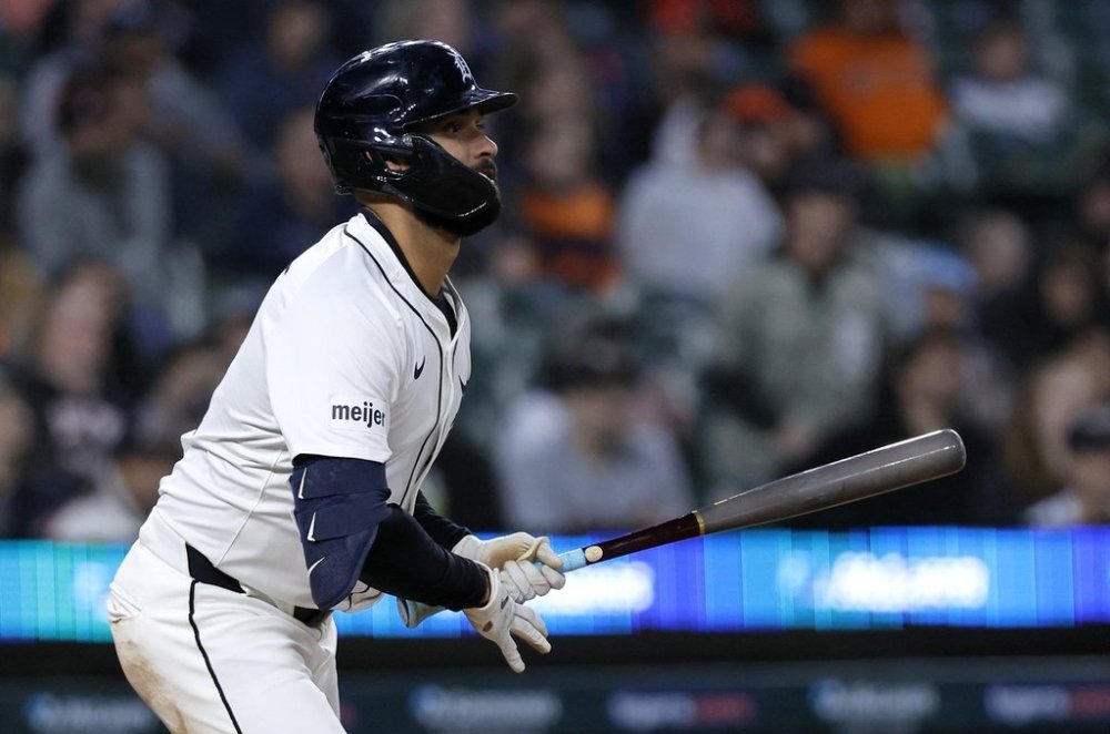 Detroit Tigers' Riley Greene lines out in the seventh inning during the second baseball game of a doubleheader against the Baltimore Orioles, Saturday, April 26, 2025, in Detroit. (AP Photo/Duane Burleson)
