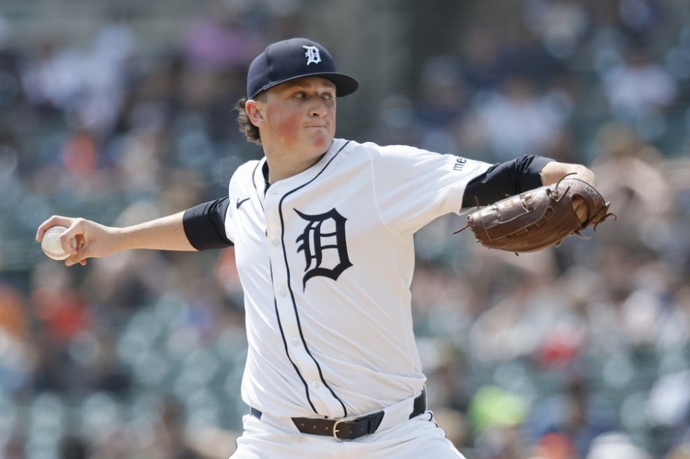 Detroit Tigers starting pitcher Reese Olson pitches against the San Diego Padres during the fourth inning of a baseball game Wednesday, April 23, 2025, in Detroit. (AP Photo/Duane Burleson)