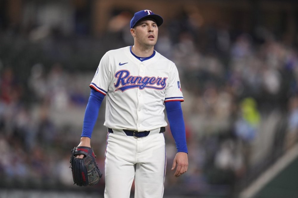 Texas Rangers starting pitcher Patrick Corbin looks on after pitching to the Los Angeles Angels during the second inning of a baseball game Wednesday, April 16, 2025, in Arlington, Texas. (AP Photo/Julio Cortez)