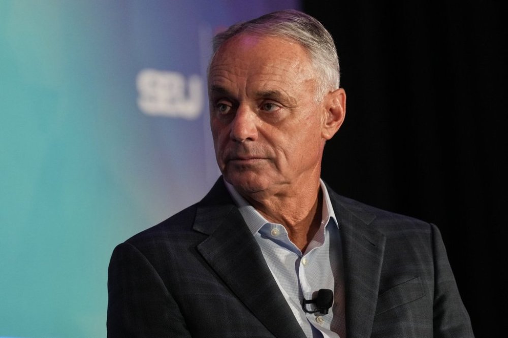 MLB Commissioner Rob Manfred speaks at the SBJ CAA World Congress of Sport, Tuesday, April 22, 2025, in Nashville, Tenn. (AP Photo/George Walker IV)