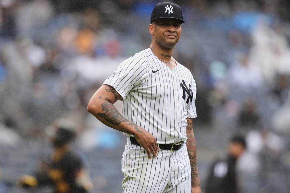 FILE - New York Yankees' Luis Gil reacts as Pittsburgh Pirates' Jared Triolo runs the bases after hitting a two-run home run during the sixth inning of a baseball game, Sept. 28, 2024, in New York. (AP Photo/Frank Franklin II, File)