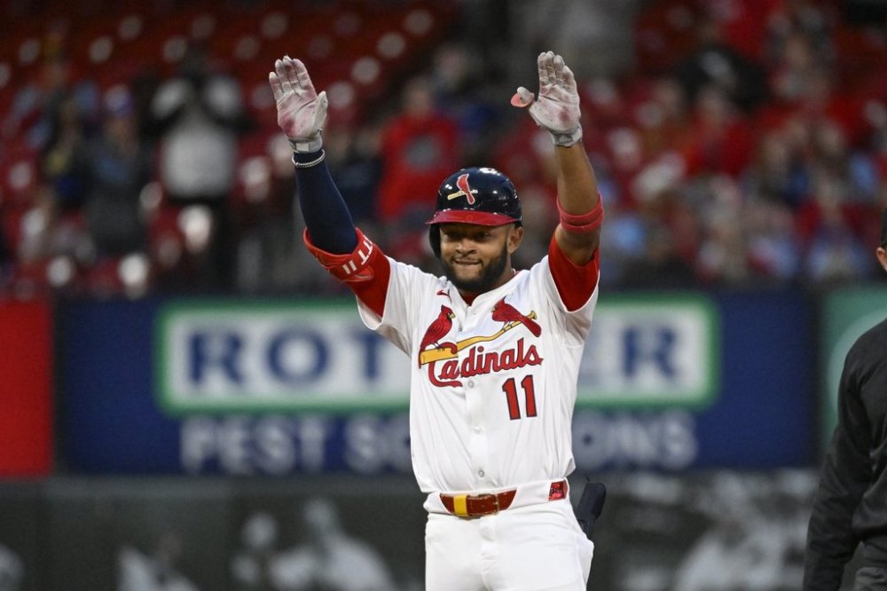 St. Louis Cardinals' Victor Scott II celebrates after hitting an RBI double in the sixth inning during the second baseball game of a doubleheader against the New York Mets, Sunday, May 4, 2025, in St. Louis. (AP Photo/Joe Puetz)