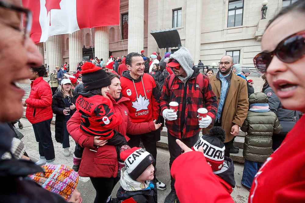 Manitoba Premier Wab Kinew was present at the rally meeting and greeting the public. (John Woods / Free Press)