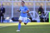 Napoli's Giacomo Raspadori celebrates scoring during the Italian Serie A soccer match between US Lecce and SSC Napoli, at the Via del Mare Stadium, in Lecce, Italy, Saturday, May 3, 2025. (Giovanni Evangelista/LaPresse via AP)
